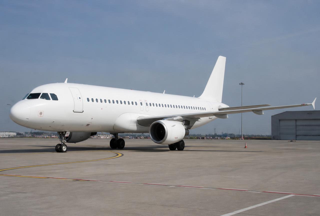 Unmarked narrowbody aircraft on an airport apron