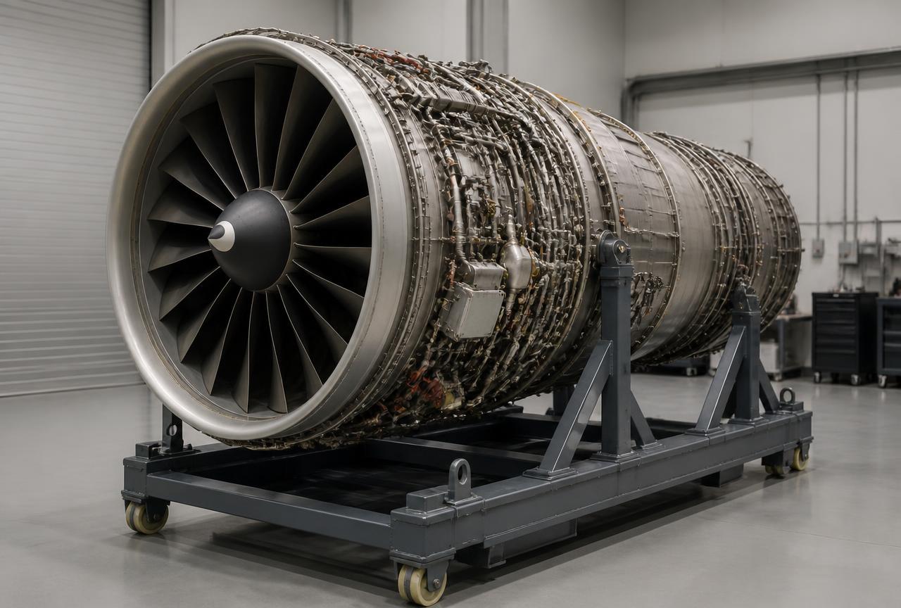 Representative image of an unbranded commercial turbofan engine on a transport stand
